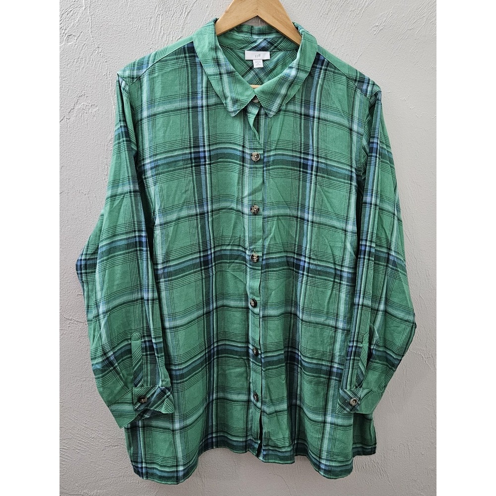J.Jill Womens Size XL Petite Long Sleeve Green Blue Plaid Button Up Top Casual